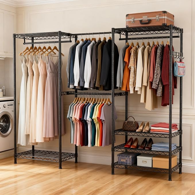 Heavy Duty Closet Garment Rack, Metal Clothes Racks Wardrobe with Shelf | 6 Tiers Adjustable Metal Freestanding Expandable Clothing Storage with 4 Hanger Rods, 71.4"H x (70"-88.2") L x 14"D, Black