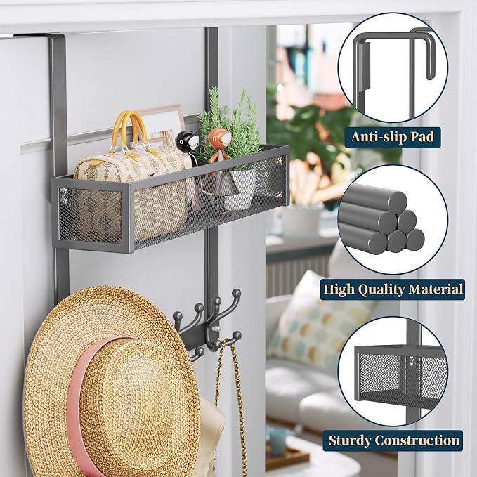 Consumest Over The Door Hooks Organizer - 2 Tier Over Door Hanger with 16 Hooks & 2 Baskets for Hanging Coat, Clothing, Towel, Back Storage for Bathroom, Closet, College Dorm, Grey