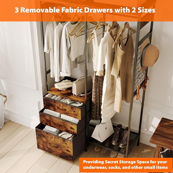 Heavy Duty Clothes Rack with 3 Drawers & LED Light, Garment Rack with 3 Shelves, Free Standing Wardrobe Organizer with 8 Hooks for Bedroom, Small Space, Garming Room（37.8"W x 66.93"H, Rustic Brown）