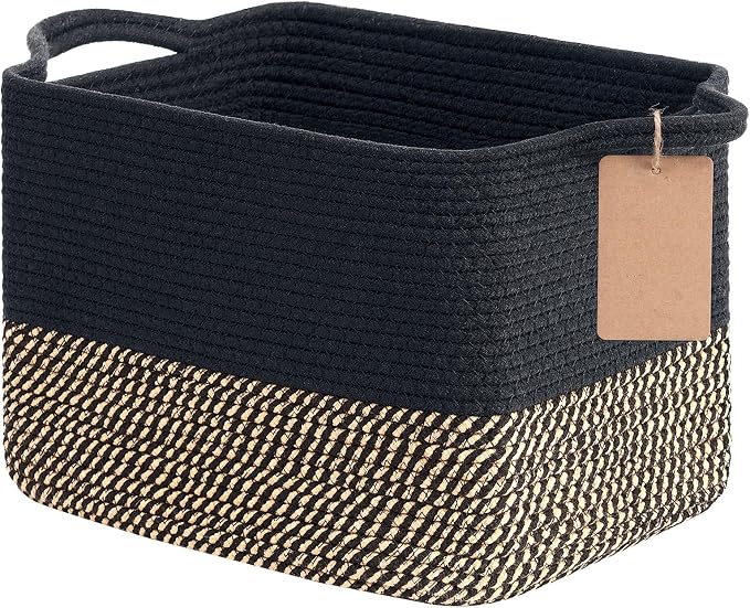 Goodpick Small Wicker Storage Basket for Shelves, Rectangle, Black & Jute | 13 × 10 × 9 in, Reinforced Handles, Shelf & Home Organization, Shoes, Towels, Toys & Nursery Essentials Storage