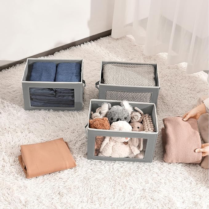Homsorout Stackable Storage Bins with Lids - Medium Storage Box with Lids, Foldable Closet Boxes for Organizing, Wardrobe Clothes Organizer with Window, Cubes Bins for Living Room, 5 Pack, Grey