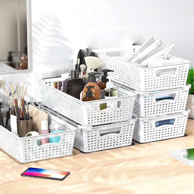 Simple Houseware Stackable Plastic Woven Basket Organizer, 6 Pack, White | 14.5" D x 8.5" W x 3.5" H