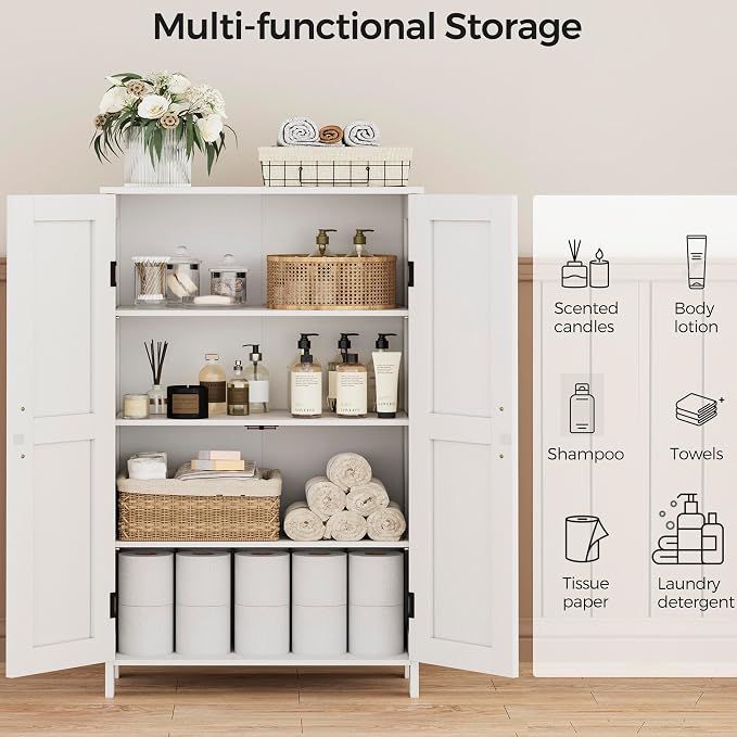 Homleke 43.3" H Farmhouse Bathroom Storage Cabinet with Adjustable Shelves | Freestanding Storage Cabinet with Barn Doors for Bathroom, Kitchen, Living Room, Dining Room & Entryway, White
