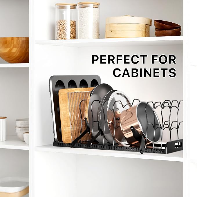 Simple Houseware Expandable Pan Rack 10 Adjustable Compartments, Black | Kitchen Cabinet Organizer for Pots, Pans, Lids & Bakeware - Pantry & Countertop Storage