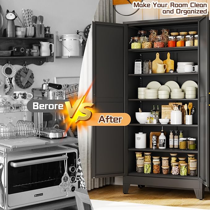PAOFIN 75" Metal Kitchen Pantry Cabinet, Storage Cabinet with Doors and 5 Adjustable Shelves, Cabinet with 2 Metal Handles,Tall Cabinet for Livingroom,Pantry, Bathroom,Kitchen Black