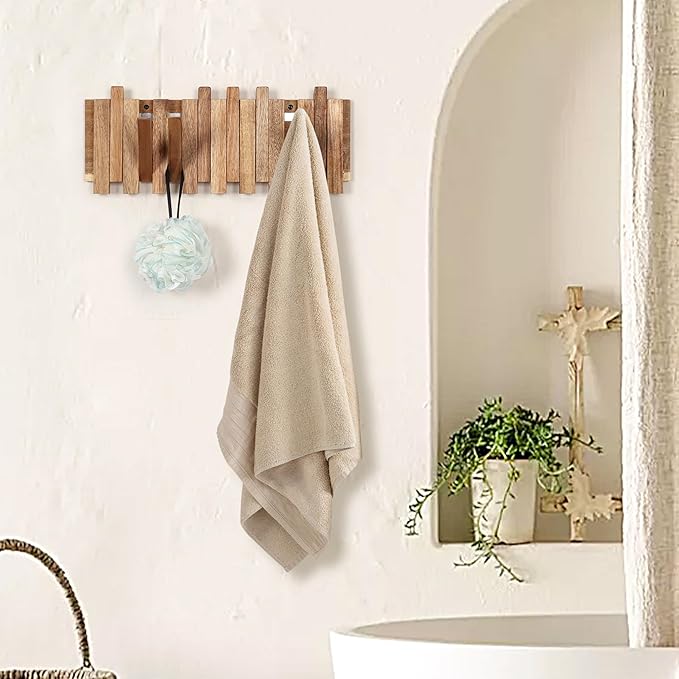 Wall Coat Rack for Entryway: Folding Wood Rustic 8 Hooks | 16.5inch Piano Hanger for Small Space Bathroom Hallway for Towel Backpack Jacket - Farmhouse Design Decor (Staggered Style)