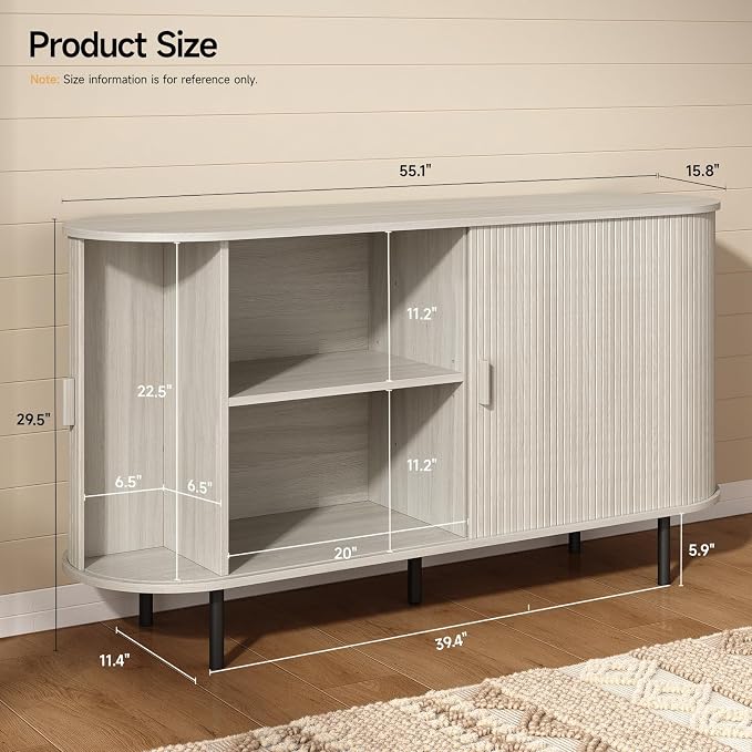 55" Sideboard Buffet Cabinet with Storage, Storage Cabinet with Sliding Door & Adjustable Shelf, Modern Accent Coffee Bar Console Table for Kitchen, Entryway, Natural White