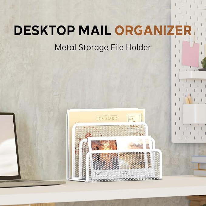 Mail Organizer Countertop for Desk, Mail File Holder with 3-Slot, White | Metal Mesh Mail Sorter for Letters, Envelopes, Bills, and Files for Home Offices, Classroom Organization