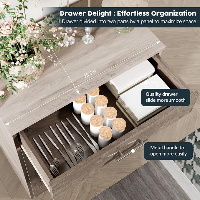 Kitchen Buffet Sideboard Cabinet, Wooden Storage Cabinet with 2 Doors and 1 Drawers, Adjustable Shelf, Modern Farmhouse Coffee Bar Cabinet with Storage for Kitchen, Rustic Grey