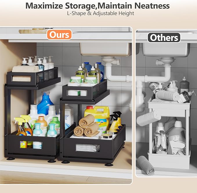 2 Pack Under Sink Organizer with Next-Gen Ball-Bearing Slides,2-Tier Pull Out Cabinet Storage,Height Adjustable Drawer Shelf for Bathroom,Kitchen,Laundry,Cabinet,Pantry(Patent Pending)