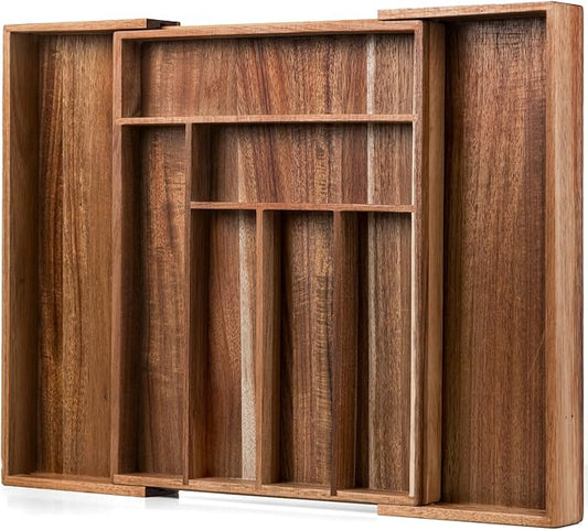 Fibogollo Expandable Large Acacia Wood Silverware Organizer，6-8 Slots | Adjustable Drawer Organizer,Flatware and Utensils Organizer Tray,Utensil Holder（16.9-22.2 x 13.4 x 2 inch）