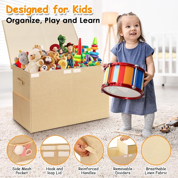 Large Toy Storage Box with Lid Upgraded Toy Chest Organizer with Removable PP Divider Foldable Toy Bin for Kids Boys Girls Linen Fabric Toy Box for Playroom Nursery Bedroom (25"x13"x16")