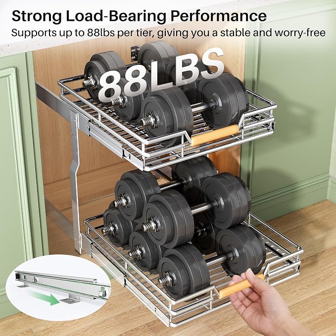 Pull out Cabinet Organizer, 2 Tiers 17"W X 21"D, Heavy Duty Smooth Sliding Under Cabinet Shelves for Pots and Pans, Full-Extension Roll out Drawers, Slide out Organization for Home Kitchen Pantry