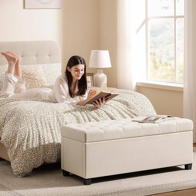 Living&Giving Storage Ottoman Bench for Bedroom, 47.2", Ivory | 47.2-inch storage ottoman with safety hinge, tufted upholstered seat and spacious hidden storage for everyday organization.