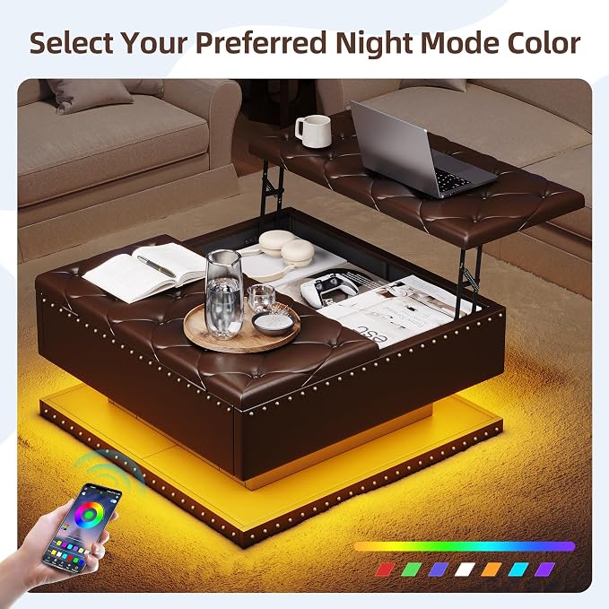 Large Square Ottoman with Storage, Square Storage Ottoman Coffee Table | Coffee Table Storage Ottoman Bench with Lift Top and Two Tier Drawers, LED Ottoman Bench with Charging Station, Brown