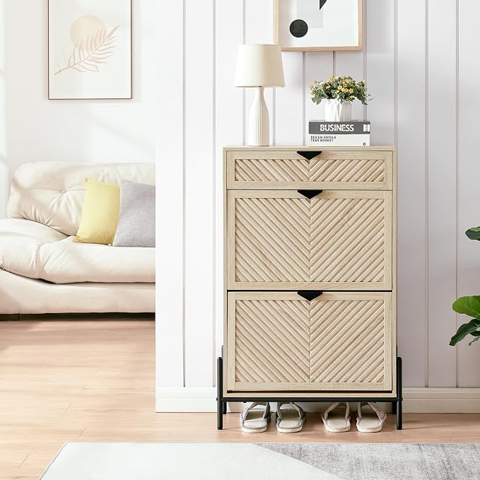 Shoe Cabinet with 2 Flip Drawers, Narrow Entryway Rack, Oak | Slanted Wood Grain, Freestanding, Adjustable Compartments, Removable Middle Shelf, Metal Handles, for Hallway Foyer Entrance