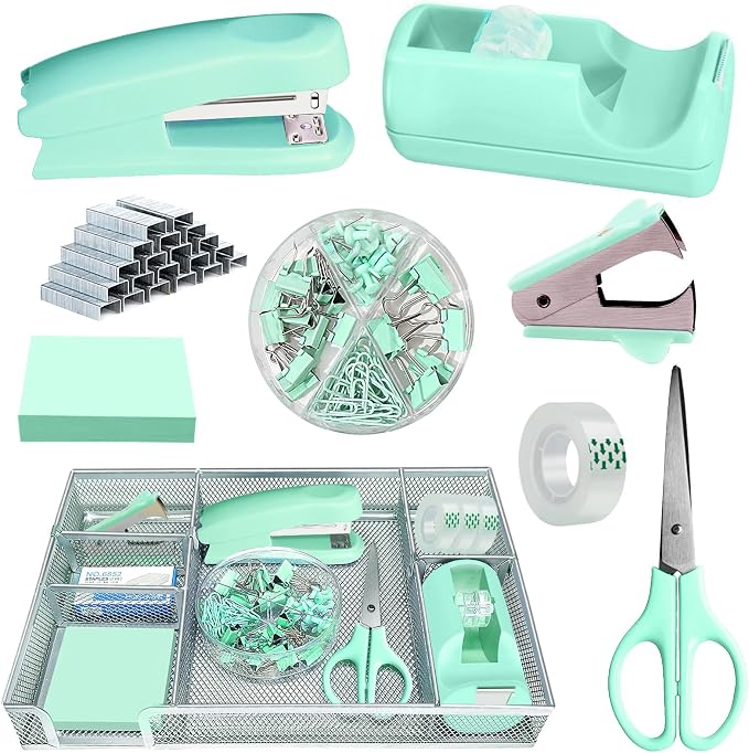 Green Office Desk Accessories Set with Stapler, Tape Dispenser and More | Green Office Supplies Set with Stapler, Tape Dispenser, Scissors, Clips and More for Organized Workspace