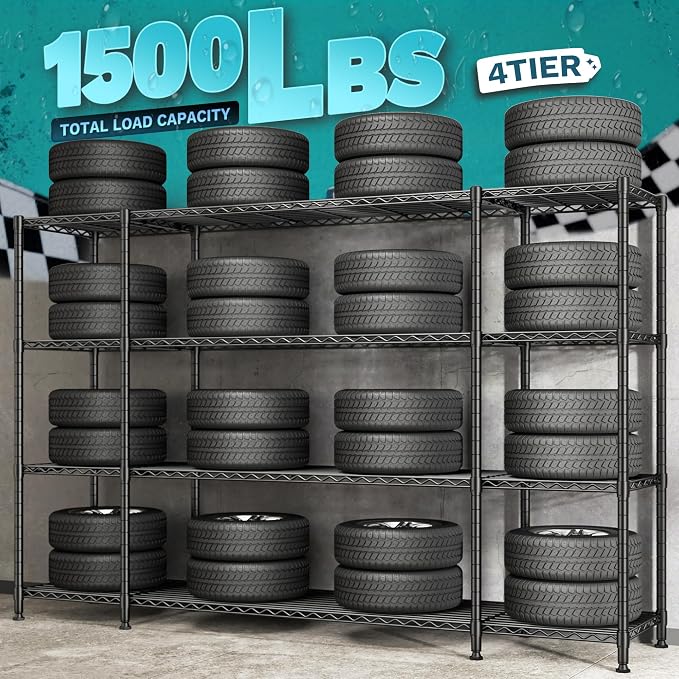 REIBII 78.4''W Storage Shelves, 1500LBS Heavy Duty&Space Saving for Garage | 4 Tier Adjustable Wire Shelving, Powder Coated, Tool-Free Metal Shelving, Scratch Resistant, Rust-resistant, three regular