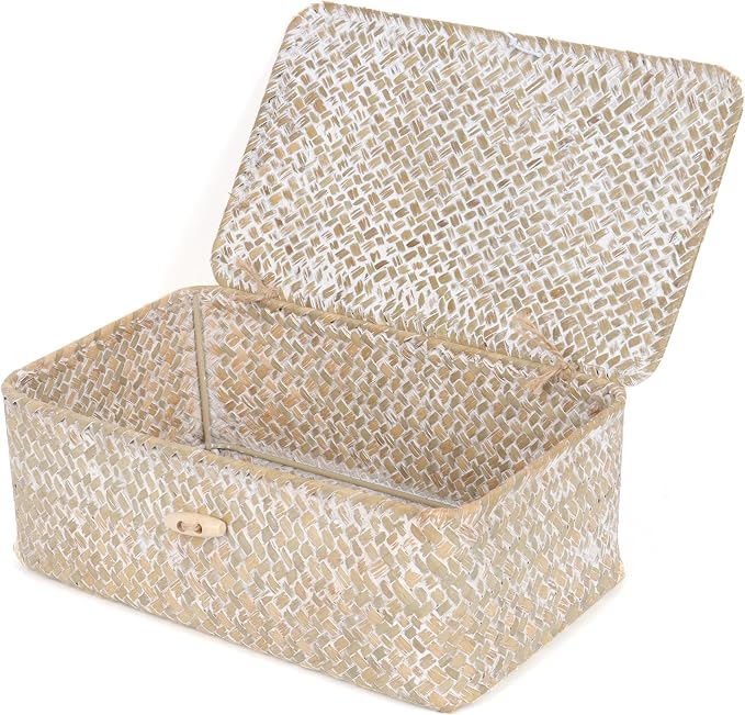 FEIALNDUO Wicker Shelf Baskets with Lid,Seagrass Storage Basket Bins Rectangular Handwoven Basket Boxes for Shelves Desktop Home Organizer (Whitewash, Small)