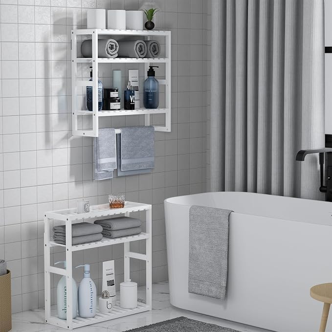 Towel Rack Bathroom Storage Shelves Over The Toilet with Towel Bar 100% Bamboo Adjustable Height Floating Shelf Wall Shower Shelf for Small Space Bathroom Kitchen Multi Usage White New 2Pack