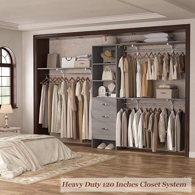 120 Inches Closet System, 10FT Walk In Closet Organizer with 3 Shelving Towers, Heavy Duty Clothes Rack with 3 Drawers, Built-In Garment Rack, 120" L x 16" W x 75" H, Max Load 1300 LBS, Grey