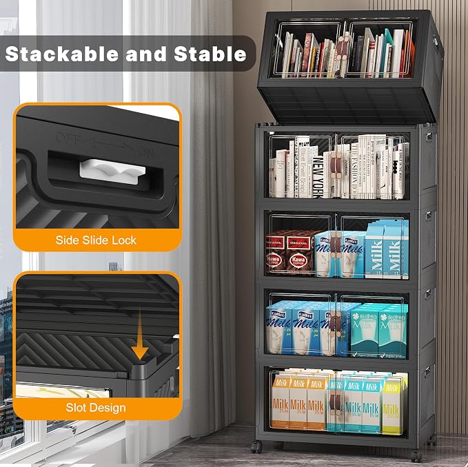UAMFURI Stackable Storage Bins, 275QT Collapsible Drawers with 1 Lid | Large Capacity, Magnetic Door, Stack Lock, Rolling Wheels, Foldable Design, Organizers and Storage for Bedroom Dorm Garage
