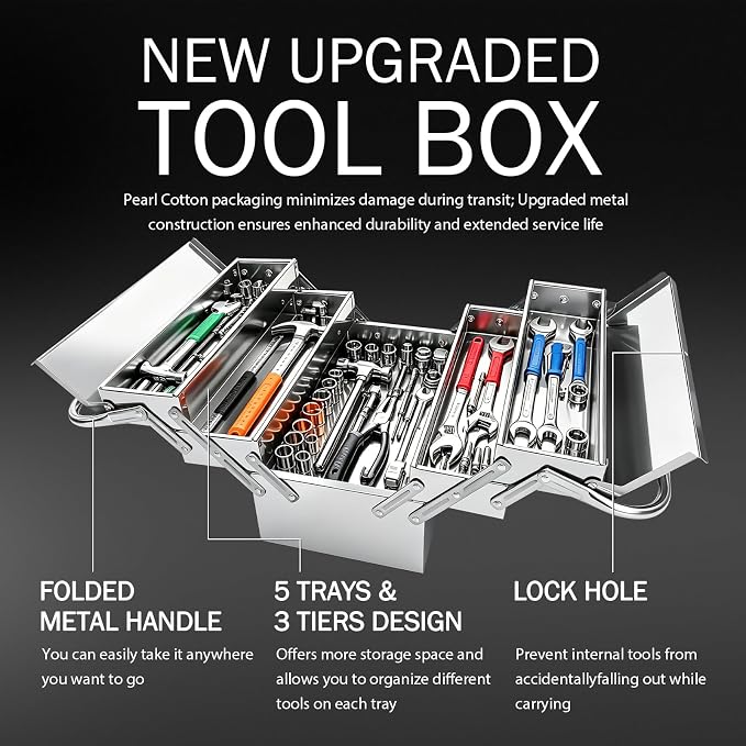YATOINTO 13" 3-Tier 5 Tray Fold Out Stainless Steel Cantilever Tool Box | Blue Protective Film Design, Carbon Steel Material, Portable Tool Storage Box Organizers w/Handle for Home Studio Auto Repair