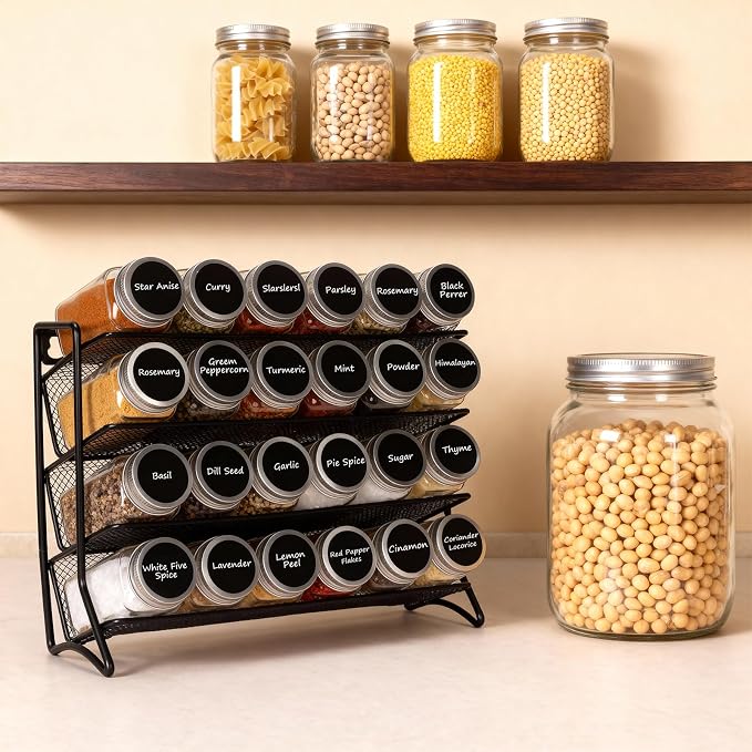 DIDITIME Spice Rack Organizer with 24 Glass Jars and 60 Labels, 4-Tier Seasoning Organizer for Cabinet, Countertop, Pantry or Wall Mount, Rust-Resistant Carbon Steel Spice Jar Set with Marker