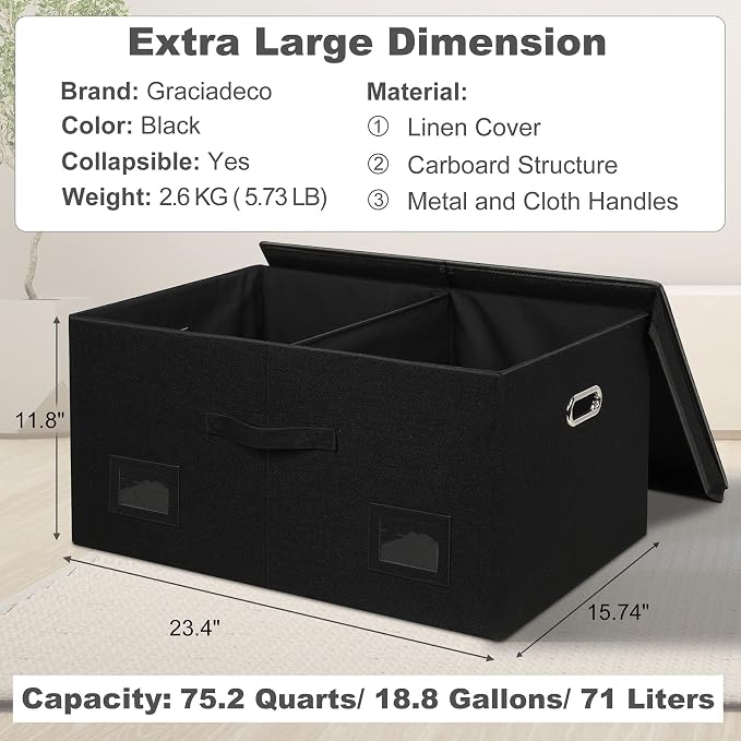 Graciadeco 75 Quarts Extra Large Decorative Storage Bins with Lids, 1 Pack Black Collapsible Storage Bins with Lids, Stackable Storage Bins Decorative Box Storage With Lid Extra Large | 75 Quarts 1 Pack Black Collapsible Stackable Linen Fabric 4 Handle...
