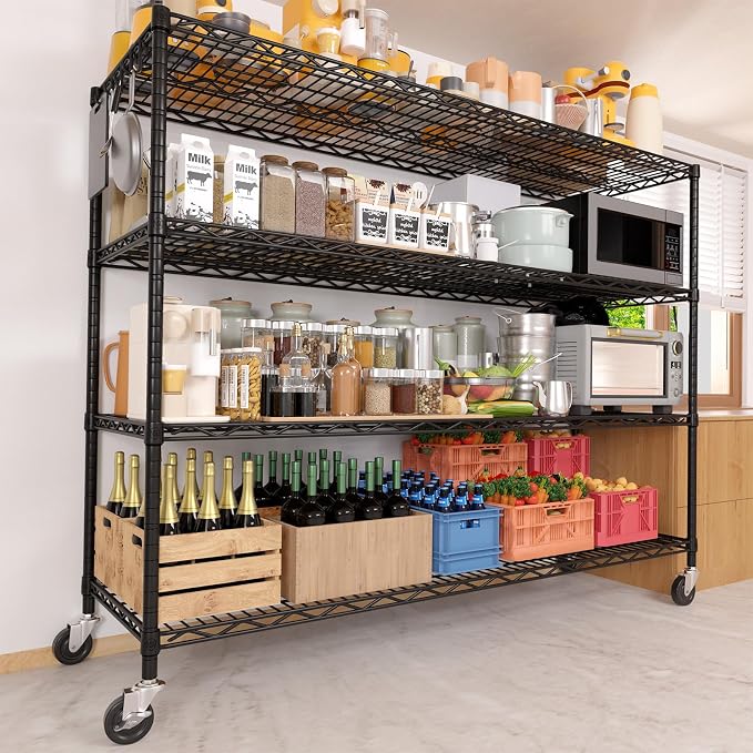 PrimeZone 4 Tier 55.5"W x 24"D x 80"H Heavy-Duty Wire Shelving with Wheels | Tote Storage Rack, Adjustable Shelves, 2400 LBS Capacity, 4" Rolling Casters, 25.4mm Steel Tube for Warehouse, Basement, 3PCS