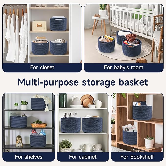 3 Pack Small Rope Storage Baskets, 9.82×9.82×7.1", Navy Blue | Cotton Basket for Gifts Empty, Cute Round Woven Basket, Decorative Shelf Basket Organizer, Organizing Basket for Shelves