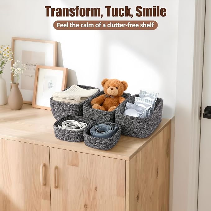 5-Pack Small Woven Rope Storage Baskets, 2 Sizes Organizer Bins | Fabric Cube Boxes and Rectangular Shallow Bins for Closet, Shelf, Bookshelf, Nursery, Changing Table, Bathroom, Toys & Home