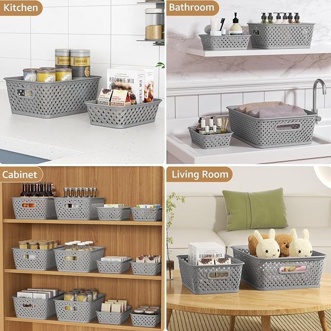 MaxGear 3 Pack Plastic Storage Baskets, Small, Grey | Durable Woven Plastic with Built-In Handles, Suitable for Shelves, Closets, Cabinets, Bathrooms and Offices
