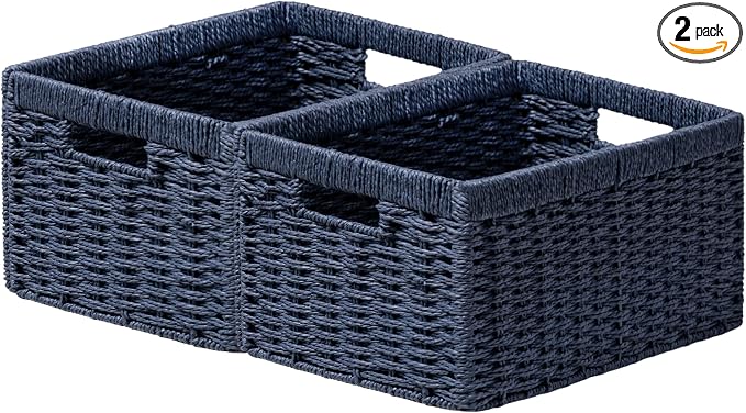 joybest Wicker Baskets for Shelves, Hand-woven Storage Baskets Green | 13.4L x 8.3W x 7.1H inch for Pantry, Kichen Organizing, Foldable Rectangular Bin with Handles, 2-pack