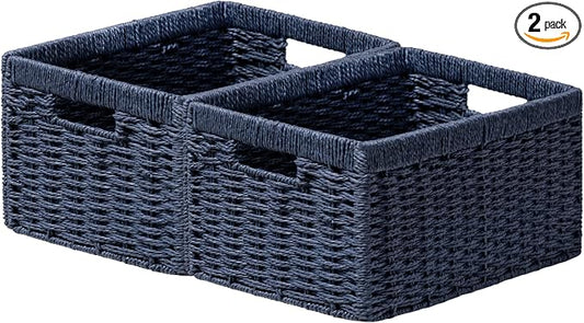 joybest Wicker Baskets for Shelves, Hand-woven Storage Baskets Green | 13.4L x 8.3W x 7.1H inch for Pantry, Kichen Organizing, Foldable Rectangular Bin with Handles, 2-pack