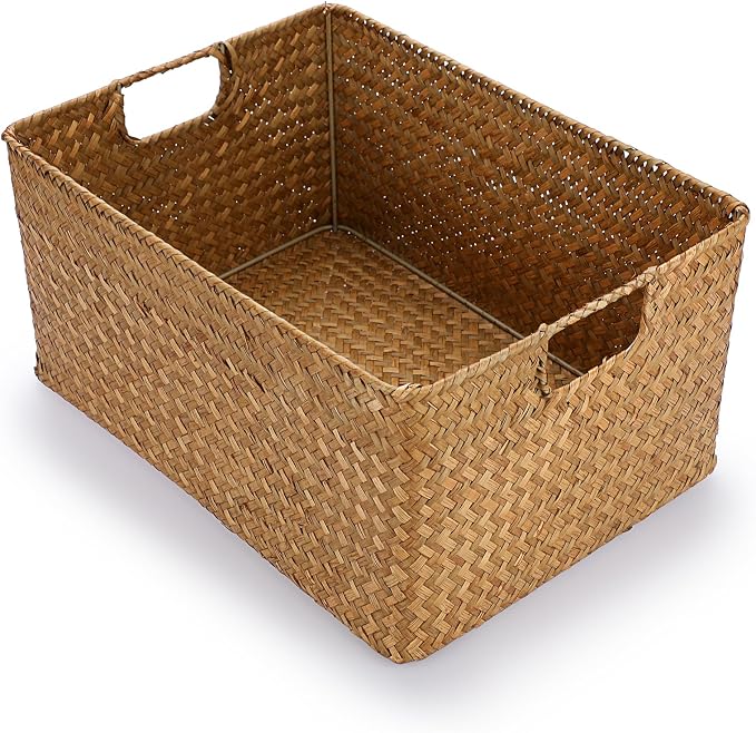 Hipiwe Seagrass Storage Baskets Bin for Shelf Large Handwoven Wicker Basket | Rectangular Bedroom Bathroom Organizer Built-in Handles, Multipurpose Woven Basket Bin Boxes,14.6"x 10.6"x 7.1"