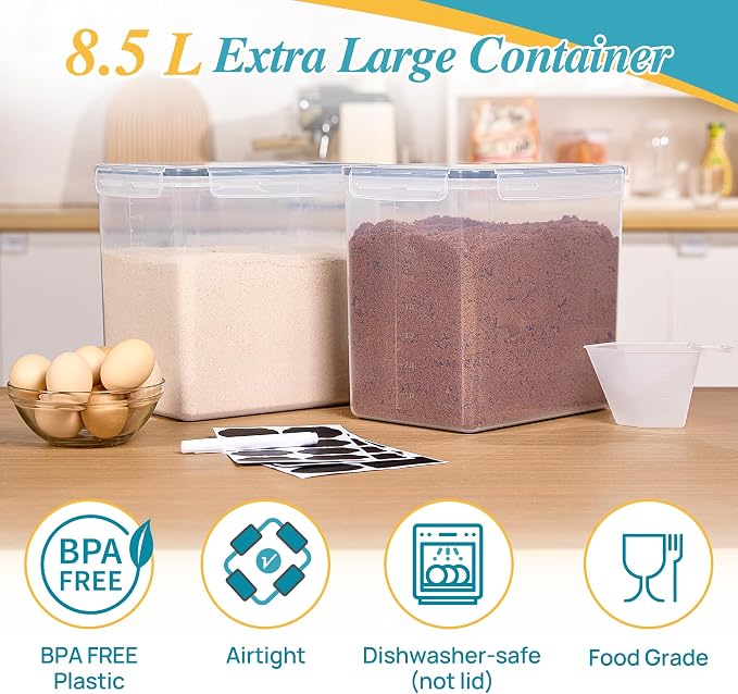 Vtopmart 8.5L Extra Large Flour Sugar Storage Containers, 2 PCS, Black | Each for 10 lbs Flour, Airtight Seal, BPA Free, Food Grade Material, Dishwasher Safe (Not Lids)