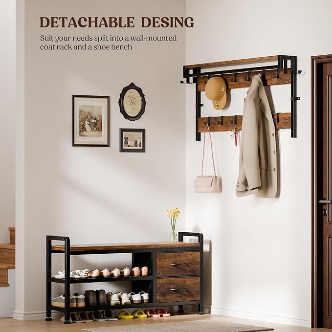 Coat Rack, 39.4” Hall Tree with Shoe Storage Bench, Rustic Brown | 5 in 1 Entryway Furniture Organizer, 21 Hooks, 2 Fabric Drawers, Handy Clothes Rail