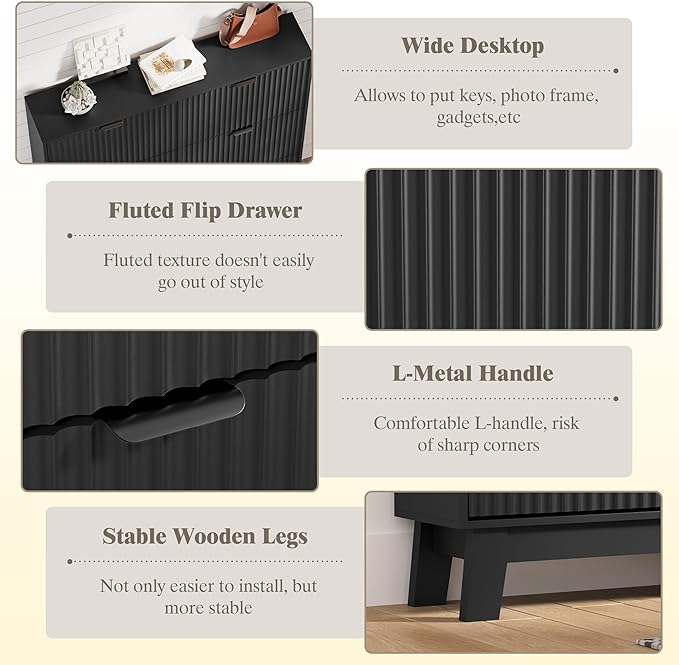HUANLEGO Shoe Cabinet Storage for Entryway with 6 Flip Drawers, Fluted Narrow Shoe Organizer with Wooden Legs, Freestanding Slim Shoe Storage Hidden Shoe Rack Organizer for Front Door Entrance, Black