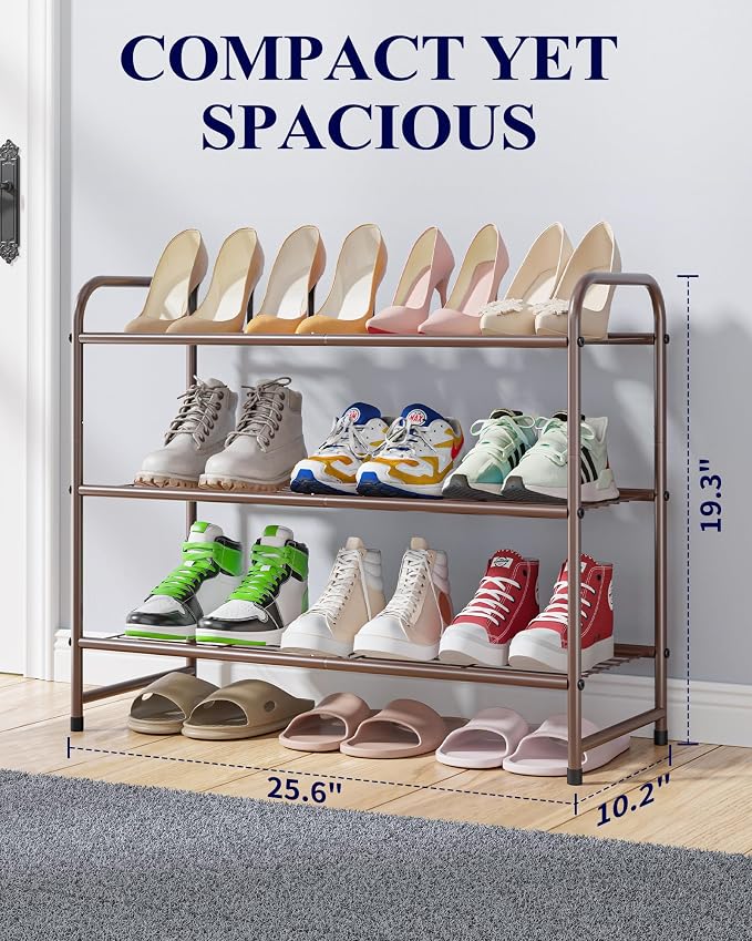 Kitsure Shoe Rack - Stainless Steel Shoe Organizer, Sturdy Shoe Rack for Closet and Front Door Entrance, Free Standing Shoe Shelf, Closet Organizers and Storage, 25.6" Wide - 3 Tier, Brown | Sturdy Shoe Rack for Closet and Entryway, Free Standing Shoe ...
