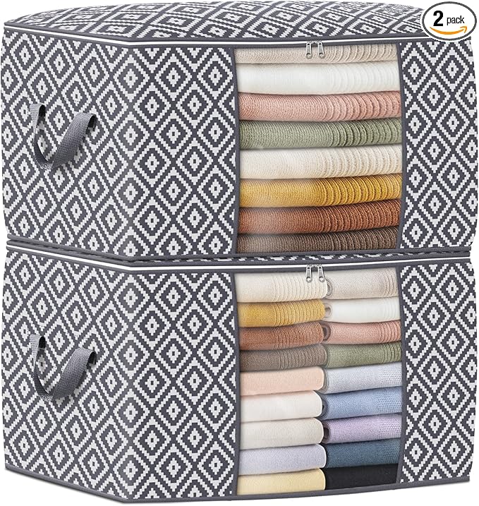 100L 2 Pack Storage Bags, Foldable Clothes Bins with Clear Window, Gray | 100L 2 Pack Storage Bags, Foldable Clothes Bins with Clear Window, Gray