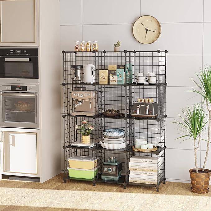 12-Cube Storage Organizer Metal Wire Shelf for Closet Office Black | Sturdy 11.8" metal wire grid, modular snap-together, tool-free. Versatile for bedroom, closet, office, craft, entryway