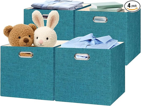 Posprica Collapsible Storage Bins,13×13 Foldable Storage Cube Boxes Fabric Drawer Fabric Storage Bins Vinyl Record Cubby Cubes with Handles for Bookcase, Closet, Shelf, Cabinet, 4 Pack