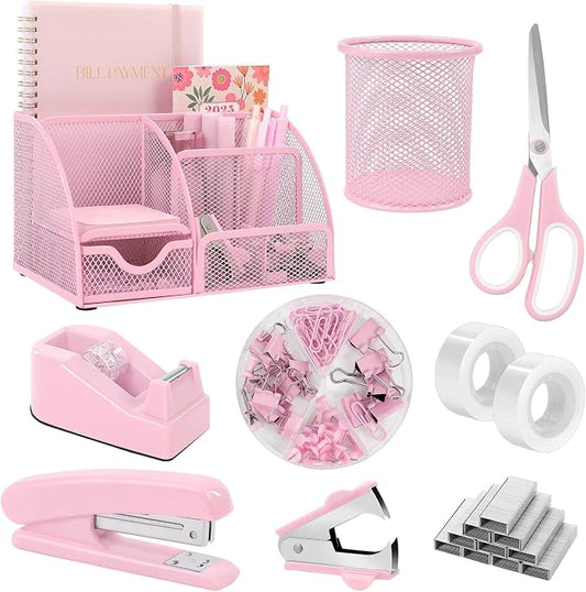 SKYDUE Pink Desk Accessories, Pink Office Supplies Set, Mesh Desk Organizer, Stapler, Tape Dispenser, Scissors, Binder/Paper Clips and 1000pcs Staples, Desk Organizer for Women, Gifts