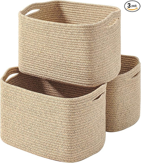 ICERZCZ Decorative Storage Baskets for Organizing Shelves, Toy Basket for Nursery, Woven Cotton Rope Baskets for Decor, Towel Basket for Bathroom, 15"x11"x9.5", 3 Packs, Brown