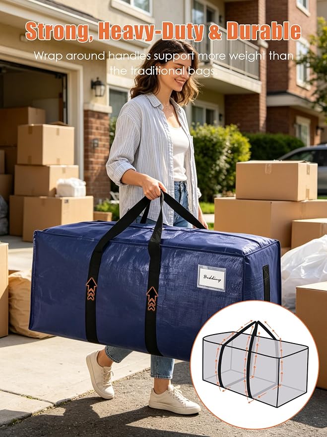 SWEET DOLPHIN 8 Pack 200LB Heavy-Duty Moving Bags with Wrap-Around Handles, Extra Large Storage Totes for Space Saving, Clothes Storage Bags, College Dorm Essentials, Blue, 24 Gal
