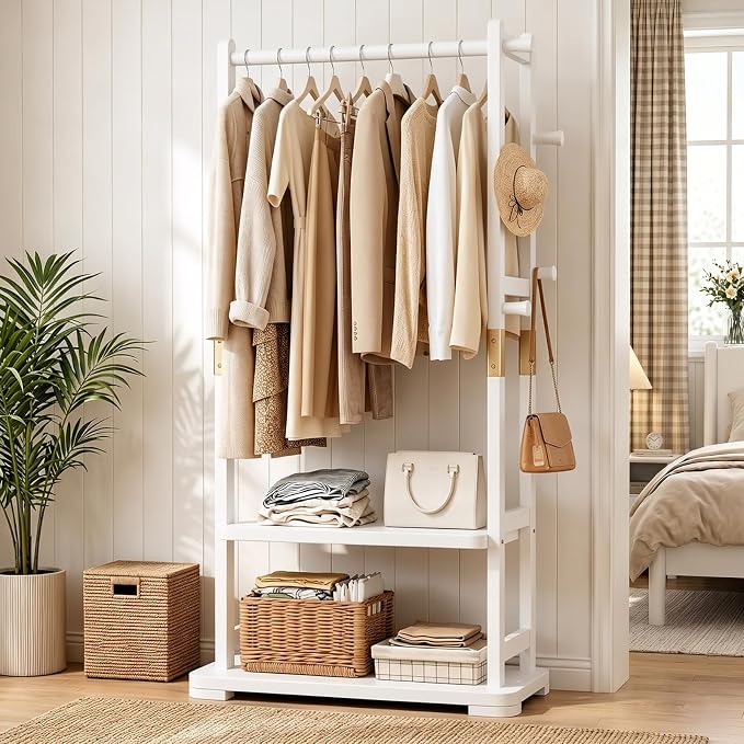 Solid Wood Clothes Rack with 2 Shelves & 4 Hooks for Hanging Clothes Garment Wallets Hats, White Clothing Rack Heavy Duty Coat Rack Freestanding with Storage Hall Tree for Hallway Bedroom Living Room | Hallway bedroom living room, durable wood construc...
