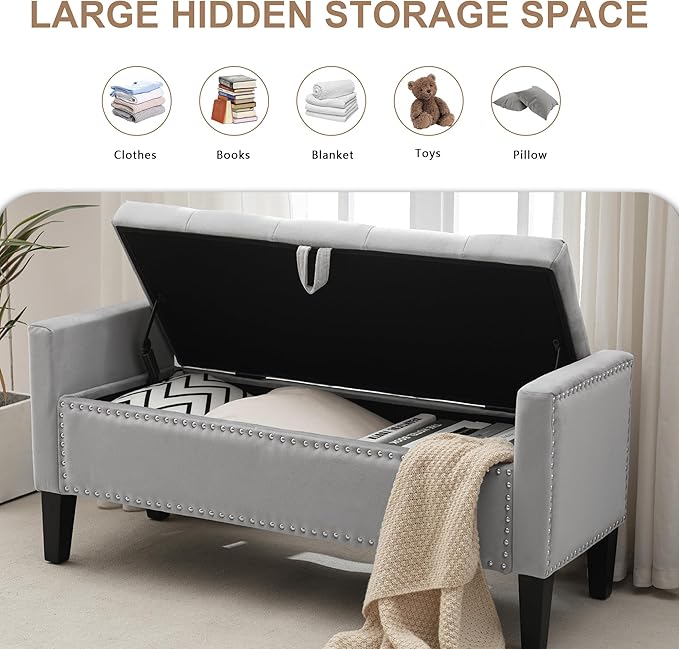 Velvet Storage Ottoman Bench, 46'' Upholstered Button Tufted End of Bed Bench, Modern Storage Bench for Bedroom, Living Room, Entryway, Grey
