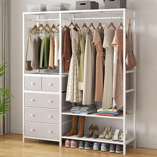 Freestanding Clothes Rack with 5 Drawers & 4 Storage Shelves,2 Hanging Rods | 59.1" W*70.9" H Heavy Duty Clothing Rack, Wardrobe Closet Organizer System with 5 Hooks, Garment Rack (White)