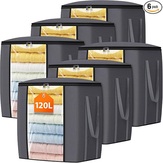 TasticTotes 120L Extra Large Blanket Clothes Storage Bags, Black, 6 Pack | Foldable Blanket Storage and Organization, Thick Fabric Containers with Reinforced Handles & Zippers for Comforters, Bedding